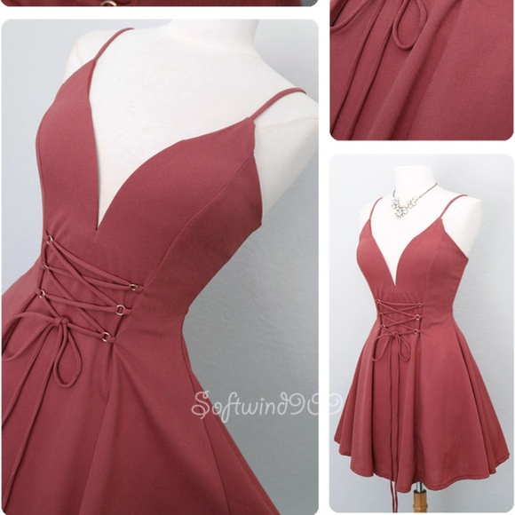 Rust Mauve Lace Up Corset Plunge Cute Skater Dress - Picture 6 of 8